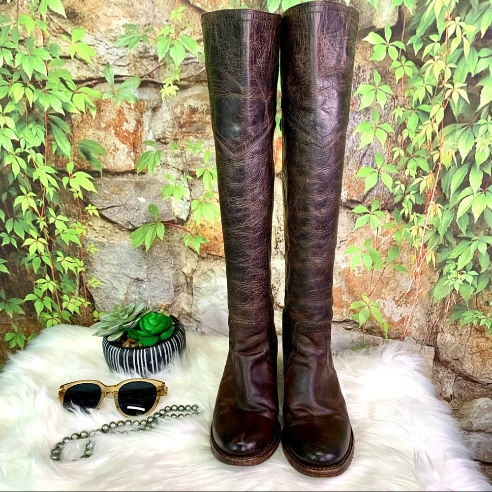 FRYE Classic Brown Jane Tall Cuff OTK Heeled Distressed Leather Boots, 6.5B